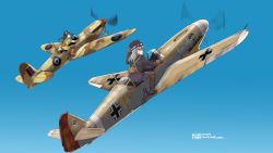 Rule 34 | 2girls, aircraft, airplane, balkenkreuz, bf 109, black legwear, boots, braid, brown eyes, brown hair, commentary, cross, dated, day, garrison cap, gloves, goggles, goggles on head, handlebar, hat, highres, long hair, looking at viewer, looking back, military, military uniform, multiple girls, original, pantyhose, pantyhose under shorts, pleated skirt, pouch, shorts, signature, silver hair, skirt, sky, sleeves rolled up, smile, supermarine spitfire, thumbs up, tokihama jirou, twin braids, uniform, vehicle focus, world war ii