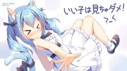 Rule 34 | &gt; &lt;, 1girl, animal ears, artist name, black bow, blue hair, blush, bow, breasts, cat ears, cat girl, cat tail, double-parted bangs, dress, foreshortening, frilled dress, frills, frown, hair bow, looking at viewer, mary janes, mauve, original, outstretched hand, purple eyes, ronne-chan (mauve), sash, shoes, small breasts, solo, tail, tail bow, tail ornament, third-party source, translation request, twintails, twitter username, underbust, v-shaped eyebrows, white dress