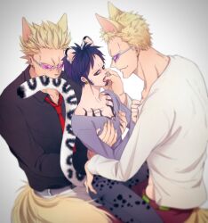 Rule 34 | 3boys, animal ears, black hair, blonde hair, blush, cheese neko3, chest tattoo, denim, donquixote doflamingo, dual persona, facial hair, fangs, finger sucking, goatee, grabbing, height difference, highres, jeans, leopard boy, leopard ears, leopard tail, long sleeves, multiple boys, one piece, pants, pectoral grab, shirt, short hair, sitting, size difference, sunglasses, tail, tattoo, tongue, tongue out, trafalgar law, yaoi, yellow eyes