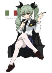 Rule 34 | 10s, 1girl, alpachiiino, anchovy (girls und panzer), anzio school uniform, belt, black belt, black cape, black footwear, black necktie, black ribbon, black skirt, cape, character name, closed mouth, commentary, crossed legs, dress shirt, drill hair, emblem, full body, girls und panzer, green hair, hair ribbon, holding, invisible chair, italian flag, loafers, long hair, long sleeves, looking at viewer, miniskirt, necktie, pantyhose, pleated skirt, red eyes, ribbon, riding crop, school uniform, shirt, shoes, simple background, sitting, skirt, smile, solo, twin drills, twintails, white background, white pantyhose, white shirt