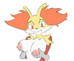 Rule 34 | 1girl, blush, breasts, creatures (company), delphox, disembodied limb, fangs, female focus, furry, furry female, game freak, gen 6 pokemon, grabbing, grabbing another&#039;s breast, half-closed eyes, jpeg artifacts, large breasts, looking down, nintendo, nipples, pokemon, pokemon (creature), pokemon xy, red eyes, simple background, smile, solo, teeth, upper body, white background, yuruki
