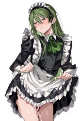 Rule 34 | 1boy, absurdres, alternate costume, apron, ascot, black dress, black eyes, blush, closed mouth, clothes lift, crossdressing, cum, dress, dress lift, enmaided, frilled dress, frills, green ascot, green hair, green nails, hair between eyes, highres, lifted by self, lobotomy corporation, long hair, long sleeves, maid, maid headdress, male focus, mu46016419, nail polish, netzach (project moon), nose blush, project moon, simple background, solo, trap, white apron, white background