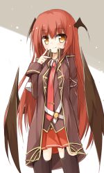 Rule 34 | 1girl, bat wings, black thighhighs, blush, brown coat, brown vest, closed mouth, coat, collared shirt, cowboy shot, finger to mouth, grey background, hair between eyes, head wings, koakuma, long hair, necktie, orange eyes, pleated skirt, red hair, red necktie, red skirt, shirt, simple background, skirt, smile, solo, standing, thighhighs, tie clip, touhou, two-tone background, very long hair, vest, white background, wings, yuuhagi (amaretto-no-natsu)