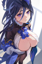 Rule 34 | 1girl, black corset, black hair, blue hair, blue hat, blush, breasts, cape, cleavage, clorinde (genshin impact), corset, feathers, genshin impact, gloves, hat, hat feather, large breasts, long hair, looking at viewer, purple eyes, solo, tomas (kaosu22), tricorne, uniform, white background, white gloves