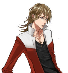 Rule 34 | 10s, 1boy, barnaby brooks jr., blonde hair, blue eyes, cross, cross necklace, glasses, highres, jacket, jewelry, koutarou (artist), koutarou (farthest), long hair, male focus, necklace, red jacket, simple background, solo, tiger &amp; bunny, white background