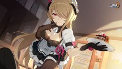 Rule 34 | 1girl, black gloves, breasts, cake, cake slice, cherry, chinese commentary, chocolate cake, closed mouth, finger to mouth, food, fruit, gloves, hair over one eye, highres, holding, holding plate, honkai (series), honkai impact 3rd, indoors, large breasts, leggings, light brown hair, logo, long hair, looking at viewer, maid, maid headdress, official art, official wallpaper, plate, red eyes, rita rossweisse, rita rossweisse (umbral rose), short sleeves, smile, solo, vending machine, white sleeves