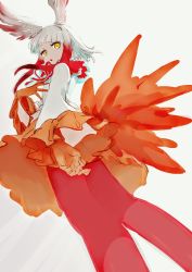 Rule 34 | 10s, :o, bird tail, coat, frilled sleeves, frills, from below, fur collar, gloves, hand on own chest, head wings, highres, japanese crested ibis (kemono friends), jitome, kemono friends, long sleeves, looking at viewer, lupin, open mouth, pantyhose, red gloves, red pantyhose, short hair with long locks, simple background, skirt, solo, tail, white background, white hair, wide sleeves, wings, yellow eyes