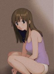 Rule 34 | 1girl, between legs, blunt bangs, breasts, brown eyes, brown hair, camisole, cleavage, closed mouth, commentary request, feet out of frame, from side, hand between legs, kawai makoto, looking at viewer, medium breasts, original, panties, signature, smile, solo, squatting, underwear, white panties