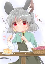 Rule 34 | 1girl, :t, absurdres, animal ear fluff, animal ears, aqua capelet, arms up, ashino chimado, basket, black skirt, black vest, blue background, blush, capelet, cheese, crumbs, eating, food, food on face, gradient background, grey hair, hair between eyes, heart, highres, holding, holding spoon, holding spork, long sleeves, looking at viewer, mouse ears, mouse tail, nazrin, plate, red eyes, shirt, short hair, simple background, sitting, skirt, solo, spoon, spork, steam, sweet potato, swiss cheese, table, tail, touhou, vest, white shirt, wooden table