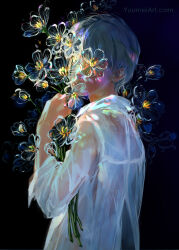 Rule 34 | black background, blue hair, closed mouth, commentary, english commentary, flower, hand up, highres, holding, holding flower, long sleeves, looking at viewer, looking to the side, original, see-through, shirt, simple background, solo, transparent, upper body, watermark, web address, white shirt, yuumei