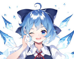 Rule 34 | 1girl, ahoge, arm up, blue bow, blue dress, blue eyes, blue hair, blush, bow, cirno, collared shirt, commentary request, dress, guppy-sunstrider, hair bow, happy, highres, ice, ice wings, looking at viewer, one eye closed, pinafore dress, puffy short sleeves, puffy sleeves, red neckwear, red ribbon, ribbon, shirt, short hair, short sleeves, simple background, sleeveless dress, solo, teeth, touhou, upper body, upper teeth only, white background, wing collar, wings