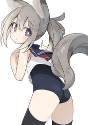 Rule 34 | 1girl, :o, abarabone, absurdres, animal ears, ass, black thighhighs, blouse, blush, clothing cutout, commentary request, from behind, grey background, grey hair, hair between eyes, hands up, highres, long hair, looking at viewer, looking back, one-piece swimsuit, original, parted lips, ponytail, purple eyes, school swimsuit, school uniform, serafuku, shirt, sidelocks, simple background, sleeveless, sleeveless shirt, solo, swimsuit, swimsuit under clothes, tail, tail through clothes, thighhighs, thighs
