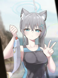 Rule 34 | 1girl, animal, animal ears, b.t. (boob tong), bare shoulders, black one-piece swimsuit, blue archive, blue eyes, blush, breasts, competition swimsuit, cross hair ornament, day, earrings, fish, fishing, fishing rod, hair between eyes, hair ornament, halo, hands up, highres, holding, holding animal, holding fish, jewelry, long hair, looking at viewer, medium breasts, mismatched pupils, one-piece swimsuit, outdoors, ponytail, shiroko (blue archive), shiroko (swimsuit) (blue archive), slit pupils, smile, solo, swimsuit, w