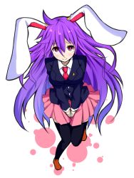 Rule 34 | 1girl, animal ears, black thighhighs, blazer, blush, breasts, dutch angle, full body, ishimu, jacket, long hair, looking at viewer, medium breasts, miniskirt, necktie, one-hour drawing challenge, pink skirt, purple hair, rabbit ears, red eyes, red necktie, reisen udongein inaba, shirt, skirt, smile, solo, thighhighs, touhou, v arms, very long hair, white shirt