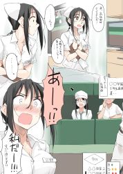 Rule 34 | 1girl, 2boys, baseball cap, black hair, blush, breasts, brown eyes, cleavage, comic, commentary request, crying, hat, highres, kitano (zekkyon), large breasts, multiple boys, name tag, necktie, nurse, nurse cap, original, ponytail, school uniform, shirt, sidelocks, solo focus, translation request, watch, white shirt, wristwatch, aged down, zekkyon