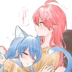 Rule 34 | 2girls, ahoge, bite mark, blue eyes, blue hair, blue nails, cat girl, cat tail, commentary request, controller, cuddling, game controller, green eyes, hand on another&#039;s arm, hickey, holding, holding controller, holding game controller, hololive, hoshimachi suisei, hug, kemonomimi mode, long hair, multiple girls, nintendo switch, notice lines, one eye closed, parted lips, pink hair, sakura miko, simple background, sitting, speech bubble, sweatdrop, tail, translation request, tsubudashi, virtual youtuber, white background, yuri