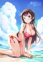 Rule 34 | 10s, 1girl, agano (kancolle), all fours, alternate costume, artist name, bare legs, barefoot, beach, bikini, blue eyes, blush, breasts, brown hair, cloud, cloudy sky, collarbone, day, from side, full body, hair over shoulder, hanging breasts, highres, kantai collection, large breasts, long hair, looking at viewer, moupii (hitsuji no ki), navel, open mouth, outdoors, red bikini, sand, side-tie bikini bottom, signature, skindentation, sky, solo, stomach, swimsuit, thighs, water