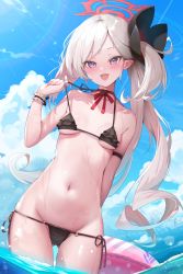 Rule 34 | 1girl, :d, arm strap, bare shoulders, bikini, black bikini, blue archive, bow, choker, day, duplicate, fang, frilled bikini, frills, gluteal fold, groin, hair bow, halo, hand up, highres, hukahire0120, long hair, looking at viewer, mutsuki (blue archive), navel, open mouth, outdoors, pointy ears, purple eyes, red choker, ribbon choker, side-tie bikini bottom, side ponytail, smile, solo, standing, stomach, strap pull, string bikini, sunlight, swimsuit, thighs, very long hair, wading, water, wet, white hair, wrist cuffs