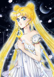 Rule 34 | 1girl, bishoujo senshi sailor moon, blonde hair, blue eyes, crescent, crescent facial mark, crystal, detached sleeves, double bun, dress, earrings, earth (planet), facial mark, forehead mark, gradient background, hair bun, hair ornament, hairclip, highres, jewelry, long hair, looking at viewer, moon stick, official style, parted lips, petals, planet, princess serenity, rose petals, skai (archaedia), solo, tsukino usagi, very long hair, white dress