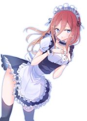 Rule 34 | 1girl, apron, armband, back bow, black ribbon, black skirt, black thighhighs, blue eyes, bow, breasts, buttons, choker, collarbone, commentary request, cowboy shot, frilled apron, frilled armband, frilled choker, frilled skirt, frills, go-toubun no hanayome, hair between eyes, hair ribbon, hands on own chest, juliet sleeves, leaning forward, light blush, long hair, long sleeves, looking at viewer, maid, maid apron, maid headdress, medium breasts, nakano miku, parted lips, partial commentary, puffy sleeves, red hair, ribbon, see-through, sidelocks, simple background, skirt, solo, standing, suzume anko, teeth, thighhighs, thighs, underbust, white background, white bow, zettai ryouiki
