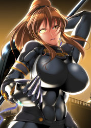 Rule 34 | 1girl, bodysuit, bowalia, breasts, brown eyes, brown hair, claws, glowing, glowing eye, high ponytail, impossible clothes, josephine march (ourai no n&#039;gah-kthun), large breasts, long hair, muscular, muscular female, ourai no gahkthun, solo, steampunk (liarsoft)