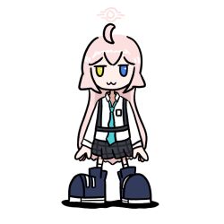 Rule 34 | :3, ahoge, black footwear, black skirt, blue archive, blue eyes, blue necktie, checkered clothes, checkered skirt, female focus, halo, hoshino (blue archive), kneehighs, looking at viewer, multicolored eyes, necktie, pink hair, pink halo, shirt, shirt straps, shoes, simple background, skirt, socks, solo, srsrr, white background, white shirt, white socks, yellow eyes