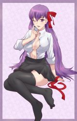 Rule 34 | 10s, 1girl, bb (fate), bb (fate/extra), black thighhighs, blush, breasts, drawfag, fate/extra, fate/extra ccc, fate (series), hair ribbon, highres, large breasts, long hair, no bra, one eye closed, open clothes, open shirt, purple eyes, purple hair, ribbon, ryairyai, shirt, sitting, skirt, solo, thighhighs, unbuttoned, very long hair, yokozuwari
