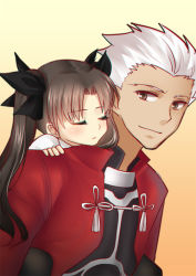 Rule 34 | 1boy, 1girl, aged down, archer (fate), bad id, bad pixiv id, brown eyes, brown hair, child, dark-skinned male, dark skin, fate/stay night, fate/zero, fate (series), hair ribbon, long hair, meaomao, pout, ribbon, sleeping, time paradox, tohsaka rin, twintails, white hair