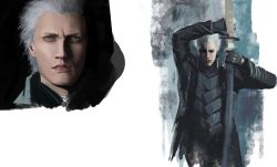 Rule 34 | 1boy, arm up, black coat, black gloves, canghai, closed mouth, coat, derivative work, devil may cry (series), devil may cry 5, face, fingerless gloves, gloves, grey eyes, grey hair, hair slicked back, highres, holding, holding shield, holding sword, holding weapon, katana, male focus, multiple views, open clothes, open coat, painterly, pink lips, scabbard, sheath, shield, simple background, solo, sword, unsheathing, vergil (devil may cry), weapon, white background