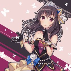 Rule 34 | 1girl, bad id, bad pixiv id, bare shoulders, black dress, black gloves, blue bow, blush, bow, breasts, brown eyes, brown hair, collarbone, commentary request, deep sky blaze, dress, fujiwara hajime, gloves, hair between eyes, hair bow, hair ribbon, idolmaster, idolmaster cinderella girls, idolmaster cinderella girls starlight stage, long hair, medium breasts, minamiya mia, parted lips, ribbon, roman numeral, solo, starry sky bright, strapless, strapless dress, tiara, watch, white ribbon, yellow ribbon