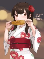 Rule 34 | 1girl, akagi (kancolle), bobokuboboku, brown eyes, brown hair, character request, commentary request, corn, corn cob, dated, eating, floral print, flower, grilled corn, hair flower, hair ornament, japanese clothes, kantai collection, kimono, long hair, looking at viewer, one-hour drawing challenge, solo, stick, straight hair, twitter username, white kimono, yukata