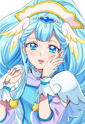 Rule 34 | 1girl, blue eyes, blue hair, capelet, collarbone, cure ange, earrings, hair ornament, highres, hug, hugtto! precure, jewelry, long hair, long sleeves, looking at viewer, open mouth, precure, see-through, sharumon, solo, upper body, very long hair, white capelet, yakushiji saaya