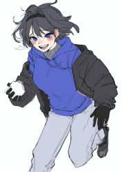 Rule 34 | 1girl, black footwear, black gloves, black hair, black hairband, black jacket, blue hair, blue hoodie, breasts, gloves, grey pants, grey sweater, hair behind ear, hair intakes, hairband, holding, holding snowball, hololive, hololive english, hood, hoodie, jacket, korean commentary, medium breasts, ouro kronii, pants, ribbed sweater, short hair, smile, snowball, solo, sweater, turtleneck, turtleneck sweater, virtual youtuber, white background, yogu (user rxdx2445)