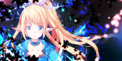 Rule 34 | 1girl, bahamut lagoon, blonde hair, blue choker, blue dress, blue eyes, bow, choker, commentary, dark background, dress, earrings, ears visible through hair, ecatrina, frown, hair bow, high ponytail, jewelry, long hair, looking at viewer, pointy ears, portrait, solo, touka (jue), white bow