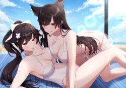 Rule 34 | 2girls, all fours, animal ears, atago (azur lane), atago (summer march) (azur lane), azur lane, bare legs, beach, beach towel, bikini, bikini skirt, blue sky, blush, breast press, breasts, brown eyes, cleavage, closed mouth, cloud, collarbone, commentary request, day, flower, hair flower, hair ornament, hair ribbon, highres, horizon, lens flare, licking lips, long hair, looking at another, lying, medium breasts, multiple girls, nagura shiro, navel, ocean, official alternate costume, on back, one-piece swimsuit, open mouth, outdoors, ponytail, ribbon, sidelocks, sky, swimsuit, takao (azur lane), takao (beach rhapsody) (azur lane), tongue, tongue out, towel, wavy mouth, white bikini, white one-piece swimsuit