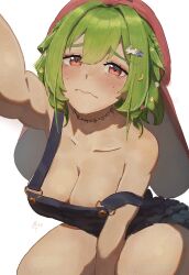 Rule 34 | 1girl, absurdres, arm between legs, blush, body freckles, breasts, cleavage, collarbone, crescent, crescent hair ornament, dark-skinned female, dark skin, dated, freckles, furrowed brow, green hair, hair between eyes, hair ornament, half-closed eyes, hat, highres, ichika maia, indie virtual youtuber, large breasts, medium hair, mocomiliano, naked overalls, overalls, rabbit hair ornament, red eyes, selfie, signature, star (symbol), star hair ornament, virtual youtuber, wavy mouth