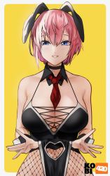 Rule 34 | 1girl, animal ears, between breasts, black choker, black pantyhose, blue eyes, blush, border, breasts, choker, cleavage, clothing cutout, commentary, cowboy shot, detached collar, fake animal ears, fishnet pantyhose, fishnets, go-toubun no hanayome, heart cutout, highleg, highleg leotard, highres, kobi420, large breasts, leotard, leotard lift, lifting own clothes, looking at viewer, multicolored hair, nakano ichika, necktie, necktie between breasts, out-of-frame censoring, pantyhose, pink hair, playboy bunny, rabbit ears, red necktie, short hair, short necktie, solo, spaghetti strap, streaked hair, wedgie, white border, white hair, wrist cuffs, yellow background