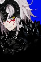 Rule 34 | 1girl, angry, blonde hair, blood, blood on face, blue background, fate/grand order, fate (series), fur trim, headpiece, highres, jeanne d&#039;arc (fate), jeanne d&#039;arc alter (avenger) (fate), jeanne d&#039;arc alter (avenger) (first ascension) (fate), jeanne d&#039;arc alter (fate), looking at viewer, solo, yellow eyes
