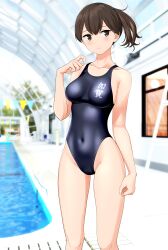 Rule 34 | 1girl, absurdres, black one-piece swimsuit, blurry, blurry background, breasts, brown eyes, brown hair, clothes writing, commentary request, competition swimsuit, covered navel, cowboy shot, feet out of frame, highres, indoors, kaga (kancolle), kantai collection, looking at viewer, medium breasts, medium hair, multicolored clothes, one-piece swimsuit, pool, side ponytail, solo, standing, string of flags, swimsuit, takafumi, variant set, window
