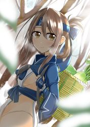 Rule 34 | 1girl, ainu clothes, alternate costume, bandana, breasts, brown eyes, cosplay, crate, cropped jacket, dress, folded ponytail, hair between eyes, headband, highres, kamoi (kancolle) (cosplay), kamoi (kancolle), kantai collection, light brown hair, long hair, long sleeves, looking at viewer, outdoors, sideboob, sleeveless, sleeveless dress, small breasts, solo, wataru (nextlevel), white dress, wrist guards, zuihou (kancolle)