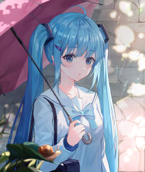 Rule 34 | 1girl, :o, absurdres, ahoge, animal, bag, blue bow, blue eyes, blue hair, blush, bow, breasts, commentary, dappled sunlight, day, earrings, hair ornament, hairclip, hatsune miku, highres, holding, holding umbrella, jewelry, long hair, long sleeves, looking at viewer, open mouth, outdoors, rain, romaji commentary, sailor collar, school bag, school uniform, serafuku, shirt, small breasts, snail, solo, star (symbol), star hair ornament, stone wall, sunlight, tanchobee, twintails, umbrella, upper body, very long hair, vocaloid, wall, white sailor collar, white shirt