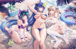 Rule 34 | 3girls, anchorage (azur lane), anchorage (dolphins and swim lessons) (azur lane), animal ears, armpits, ass, azur lane, bare shoulders, beach, bikini, blonde hair, blue bikini, blue eyes, blue hair, blush, breasts, cat ears, cheshire (azur lane), cheshire (summery date!) (azur lane), cleavage, cooler, cup, drinking glass, eyewear on head, feet, feet out of frame, food, fruit, hair between eyes, hair ornament, highres, large breasts, legs, lime (fruit), long hair, looking at viewer, lying, mojito, multiple girls, navel, new jersey (azur lane), new jersey (midsummer leisure) (azur lane), no shoes, o-ring, official alternate costume, on back, on side, one eye closed, outdoors, seiza, sitting, smile, soles, stardust (chen&#039;ai weiding), stomach, string bikini, sunglasses, swimsuit, thighhighs, thighs, tickling, toes, twintails, very long hair, white thighhighs
