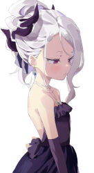 Rule 34 | 1girl, absurdres, bare back, bare shoulders, bead necklace, beads, blue archive, blush, closed mouth, commentary, dress, earrings, highres, hina (blue archive), hina (dress) (blue archive), horns, jewelry, medium hair, necklace, official alternate costume, purple dress, purple eyes, purple horns, simple background, solo, white background, white hair, yamamoto souichirou
