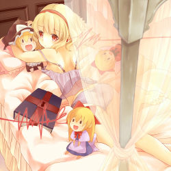 Rule 34 | 1girl, :d, alice margatroid, back, bad id, bad pixiv id, barefoot, bed, bed post, bed sheet, blonde hair, book, bow, bra, character doll, doll, feet, female focus, from behind, hair bow, hairband, hat, hourai doll, kirisame marisa, leg up, lingerie, long hair, lying, on stomach, open mouth, panties, pillow, red eyes, shanghai doll, short hair, smile, solo, taoru, touhou, towelnyan, underwear, underwear only
