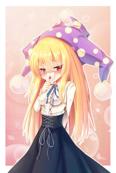 Rule 34 | 1girl, alternate costume, arm behind back, blonde hair, blue skirt, breasts, clownpiece, collared shirt, covering own mouth, hat, jester cap, letter, long hair, long skirt, long sleeves, love letter, meme attire, pink background, pink eyes, ribbon, shirt, skirt, small breasts, solo, sparkle, touhou, very long hair, virgin killer outfit, white shirt, z.o.b