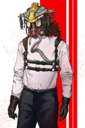 Rule 34 | 1other, ambiguous gender, apex legends, belt, black belt, black gloves, black pants, blood, blood splatter, bloodhound (apex legends), cable, chinese commentary, collared shirt, gloves, goggles, helmet, highres, moto (user peuc4532), pants, rebreather, shirt, shirt tucked in, solo, white shirt