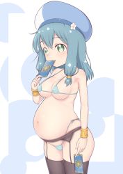 Rule 34 | 1girl, akai (riaakai), bikini, black thighhighs, blue background, blue hair, blush, breasts, card, covered erect nipples, covered mouth, endro!, female focus, flower, garter belt, garter straps, green eyes, groin, hat, large breasts, looking at viewer, meiza endust, micro bikini, navel, playing card, pregnant, shiny skin, short hair, side-tie bikini bottom, simple background, solo, swimsuit, thighhighs, two-tone background, white background