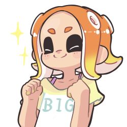 Rule 34 | 1girl, blonde hair, clenched hand, closed eyes, closed mouth, commentary request, gradient hair, hekoningyou (waraningyou), medium hair, multicolored hair, nintendo, octoling, octoling girl, octoling player character, orange hair, print shirt, shirt, simple background, smile, solo, sparkle, splatoon (series), tentacle hair, thick eyebrows, two-tone hair, upper body, white background