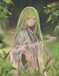 Rule 34 | 1boy, abstract background, androgynous, closed mouth, enkidu (fate), fate/grand order, fate/strange fake, fate (series), green eyes, green hair, hair between eyes, highres, long hair, looking at viewer, male focus, outdoors, plant, robe, rsef, sidelocks, solo, standing, trap, very long hair, white robe, wide sleeves