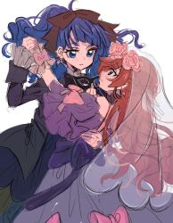 Rule 34 | 2girls, alternate costume, artist request, bare shoulders, black bow, blue eyes, blue hair, blush, bow, brown hair, dress, earrings, eyelashes, green eyes, hair bow, hair ornament, happy, hijiri ageha, hirogaru sky! precure, jewelry, long hair, looking at another, multiple girls, official alternate costume, precure, simple background, sketch, smile, sora harewataru, source request, standing, veil, white background